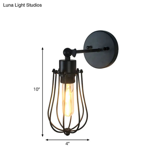 Black Retro Style Cylinder/Oval Caged Wall Mount Light - Metallic Mini Lighting With 1 Head