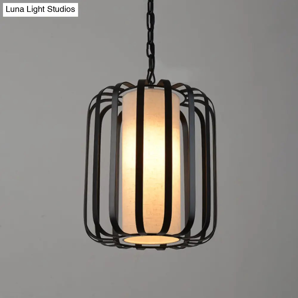 Black Retro Style Cylinder Pendant Light With Wire Cage For Dining Room