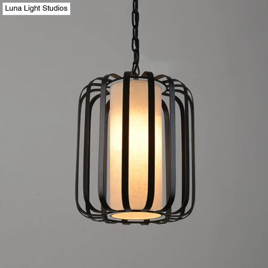 Black Retro Style Cylinder Pendant Light With Wire Cage For Dining Room