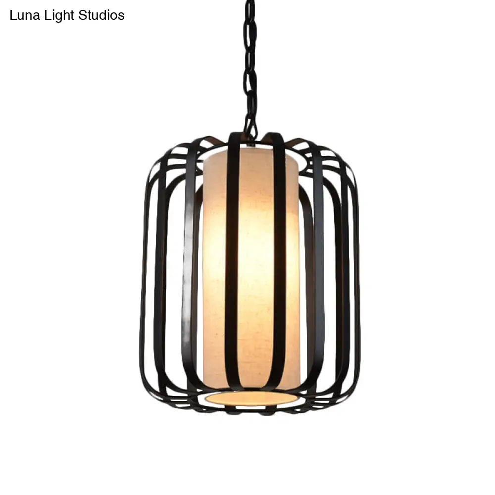 Black Retro Style Cylinder Pendant Light With Wire Cage For Dining Room