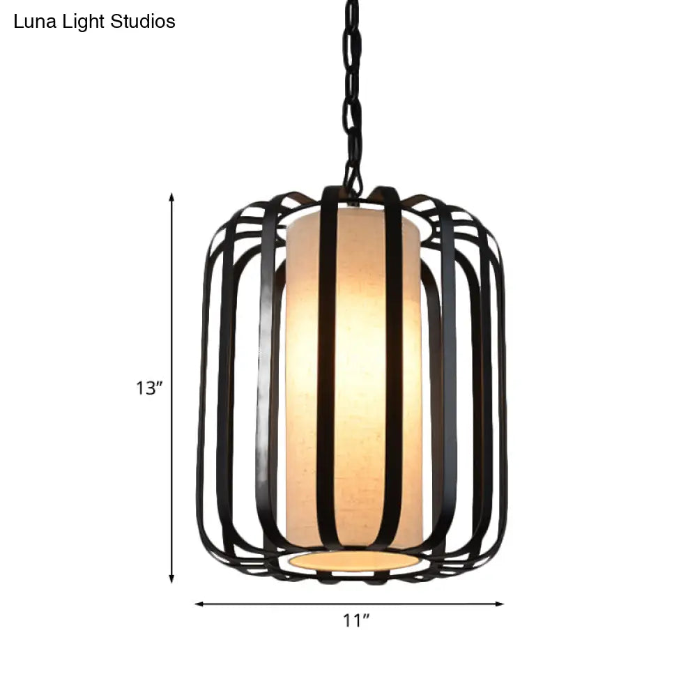 Black Retro Style Cylinder Pendant Light With Wire Cage For Dining Room