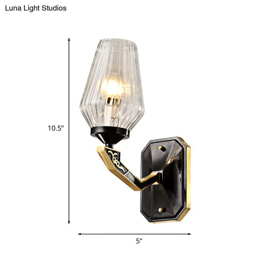 Black Retro Tapered Wall Sconce With Clear Prismatic Glass - Stylish 1-Bulb Light Fixture For Living