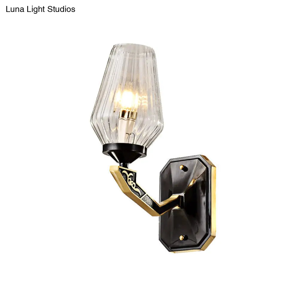 Black Retro Tapered Wall Sconce With Clear Prismatic Glass - Stylish 1-Bulb Light Fixture For Living