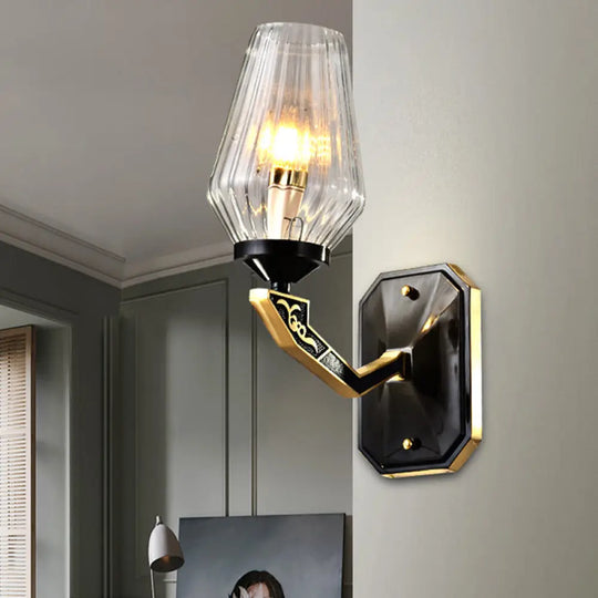 Black Retro Tapered Wall Sconce With Clear Prismatic Glass - Stylish 1-Bulb Light Fixture For Living