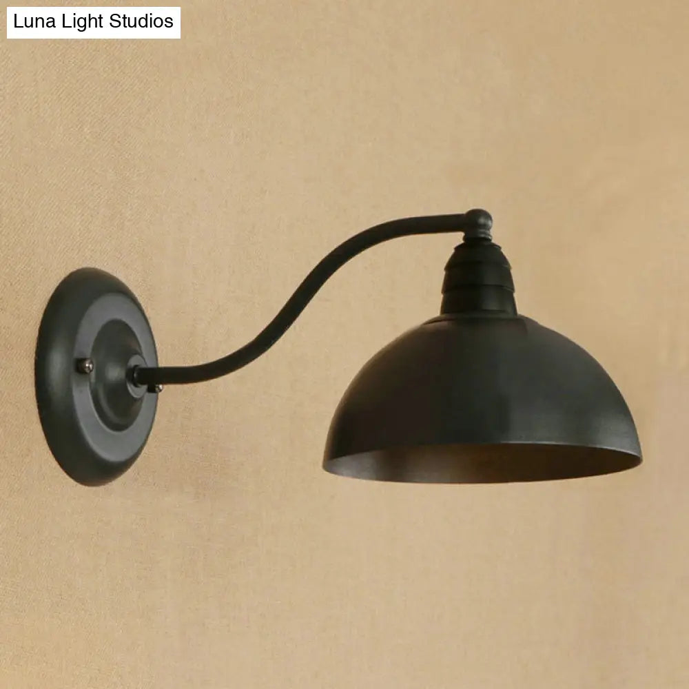 Black Retro Wall Sconce With Domed Metallic Shade And Curved Arm