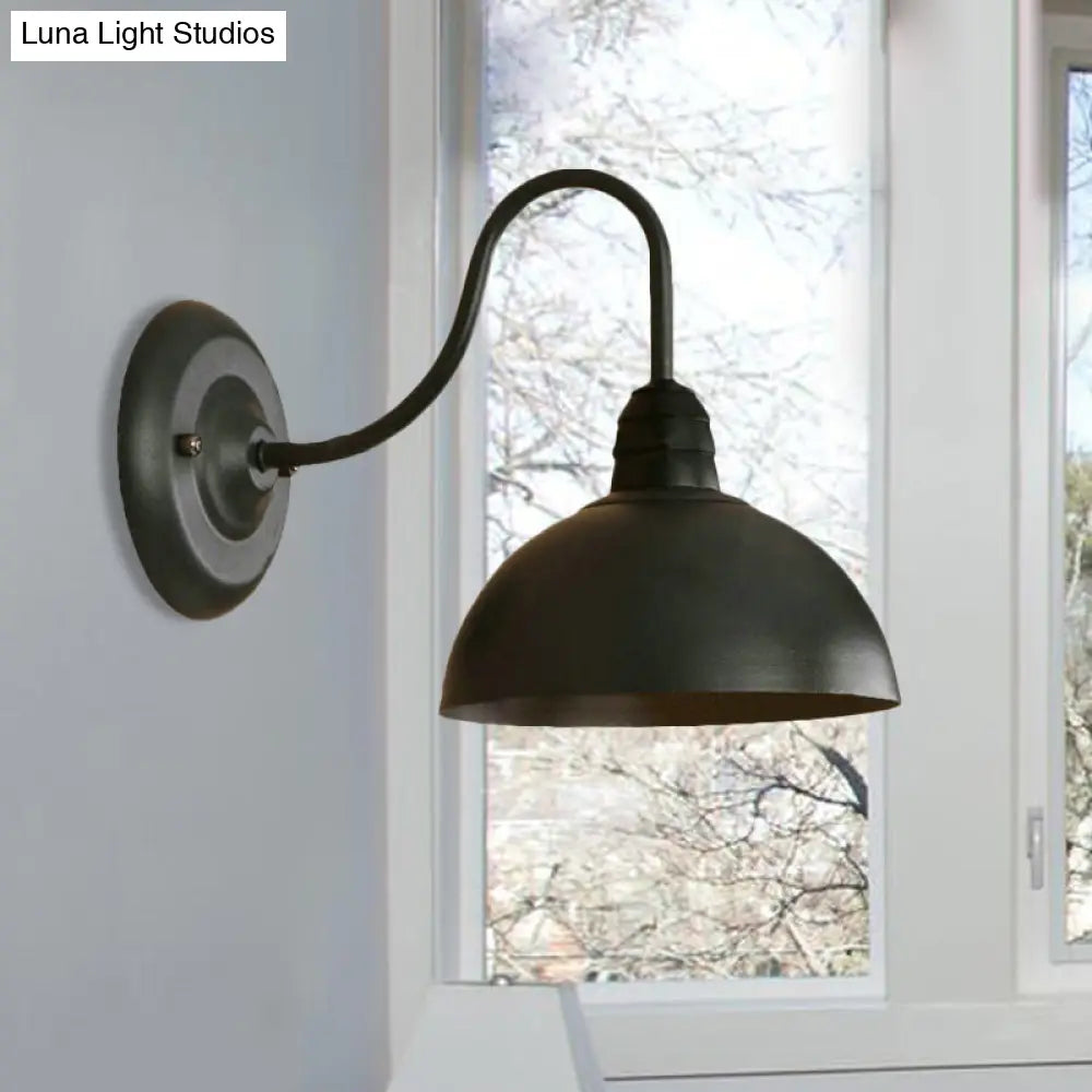 Black Retro Wall Sconce With Domed Metallic Shade And Curved Arm