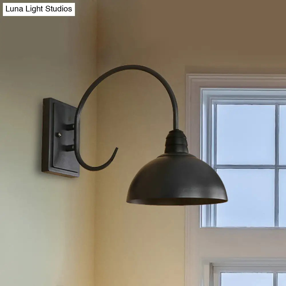 Black Retro Wall Sconce With Domed Metallic Shade And Curved Arm