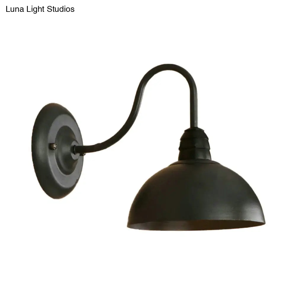 Black Retro Wall Sconce With Domed Metallic Shade And Curved Arm