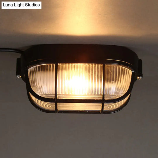 Black Ribbed Glass Ceiling Lamp With Wire Cage - Half-Capsule Mini Flush Light For Farmhouse 1 Bulb