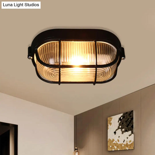 Black Ribbed Glass Ceiling Lamp With Wire Cage - Half-Capsule Mini Flush Light For Farmhouse 1 Bulb