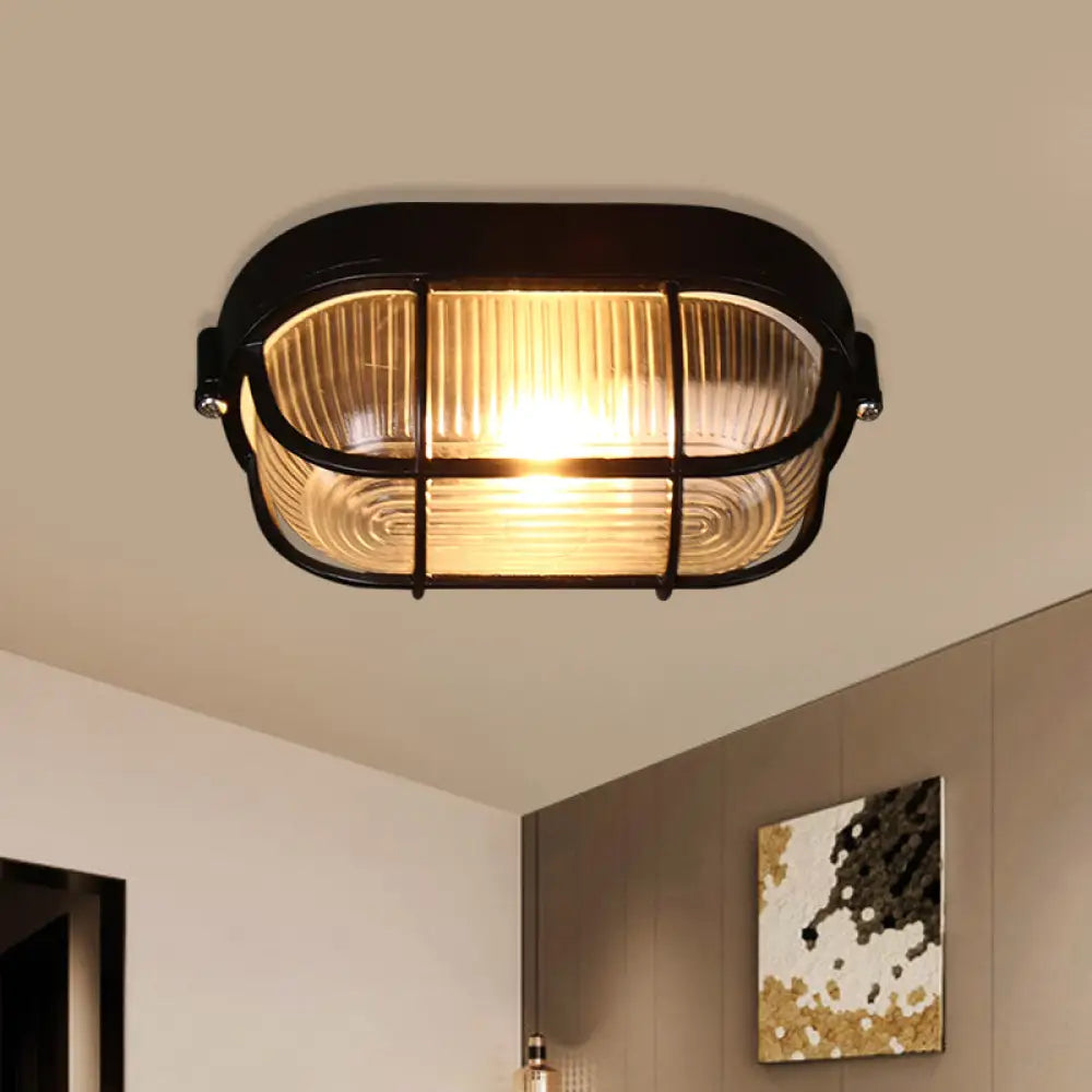 Black Ribbed Glass Ceiling Lamp With Wire Cage - Half - Capsule Mini Flush Light For Farmhouse 1