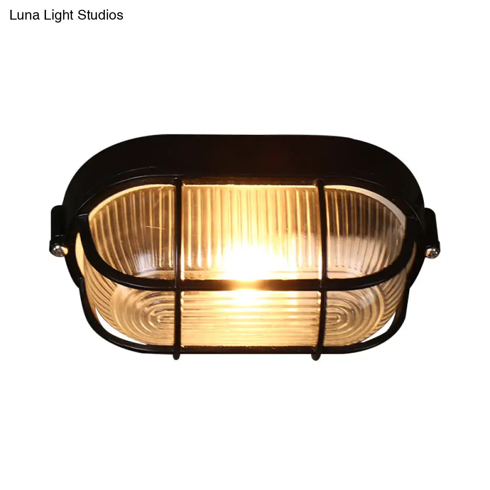 Black Ribbed Glass Ceiling Lamp With Wire Cage - Half - Capsule Mini Flush Light For Farmhouse 1