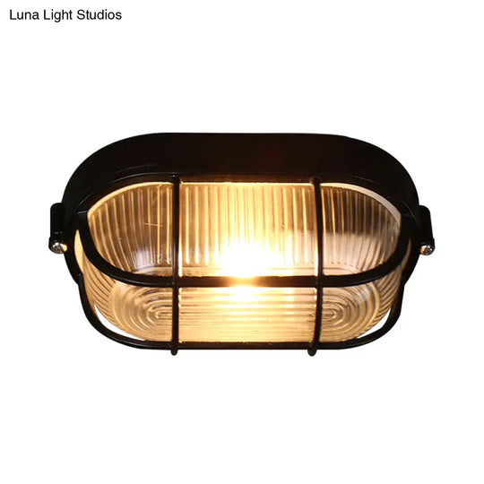 Black Ribbed Glass Ceiling Lamp With Wire Cage - Half - Capsule Mini Flush Light For Farmhouse 1