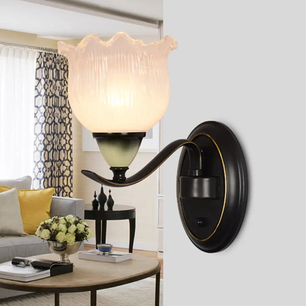 Black Ribbed Glass Flower Sconce Lamp - Countryside Lighting For Living Room Wall Mounted 1 /