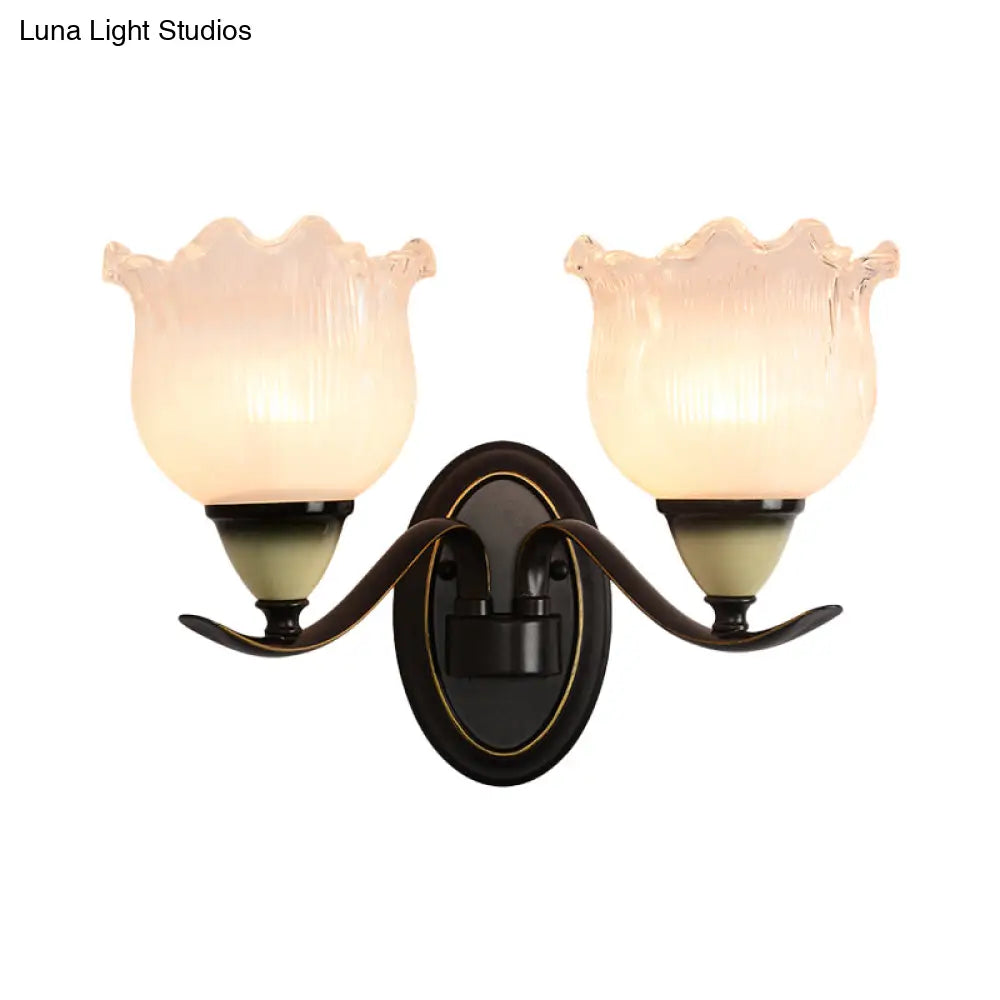 Black Ribbed Glass Flower Sconce Lamp - Countryside Lighting For Living Room Wall Mounted