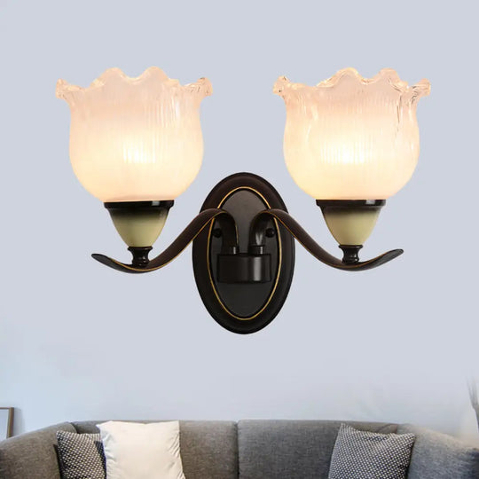 Black Ribbed Glass Flower Sconce Lamp - Countryside Lighting For Living Room Wall Mounted 2 /