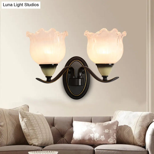 Black Ribbed Glass Flower Sconce Lamp - Countryside Lighting For Living Room Wall Mounted