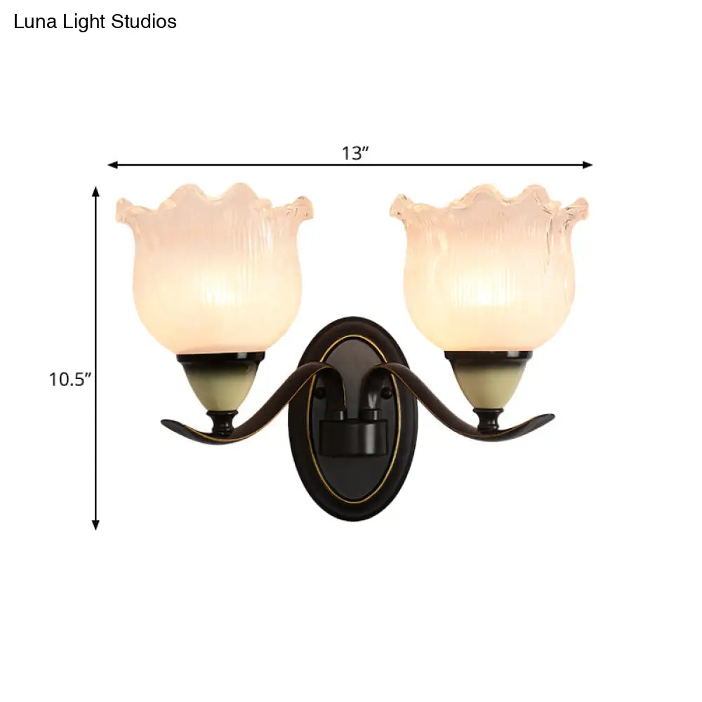 Black Ribbed Glass Flower Sconce Lamp - Countryside Lighting For Living Room Wall Mounted