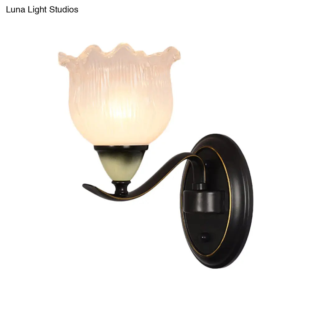 Black Ribbed Glass Flower Sconce Lamp - Countryside Lighting For Living Room Wall Mounted