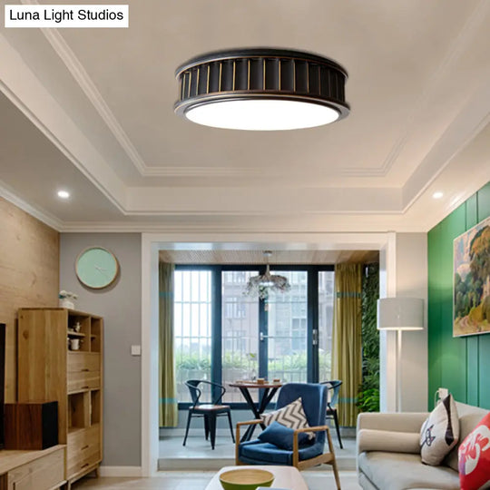 Black Ribbed Round Flush Lamp - Minimalist Iron Surface Mounted Led Ceiling Light With Warm