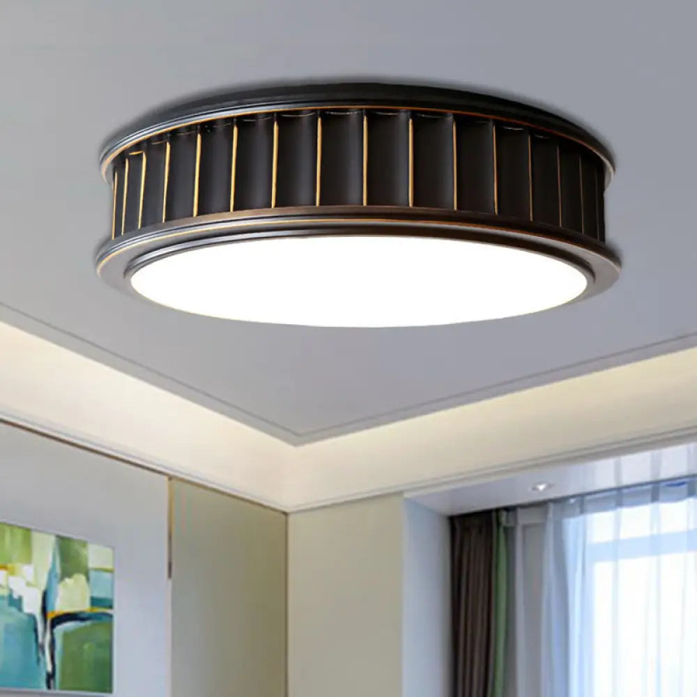 Black Ribbed Round Flush Lamp - Minimalist Iron Surface Mounted Led Ceiling Light With Warm