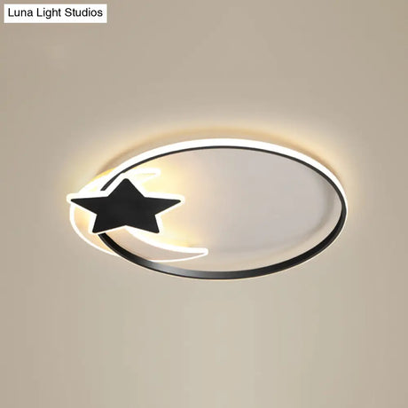 Black Ring Led Ceiling Flush Light With Moon And Star Decor - Simplicity Metal Mount Lamp