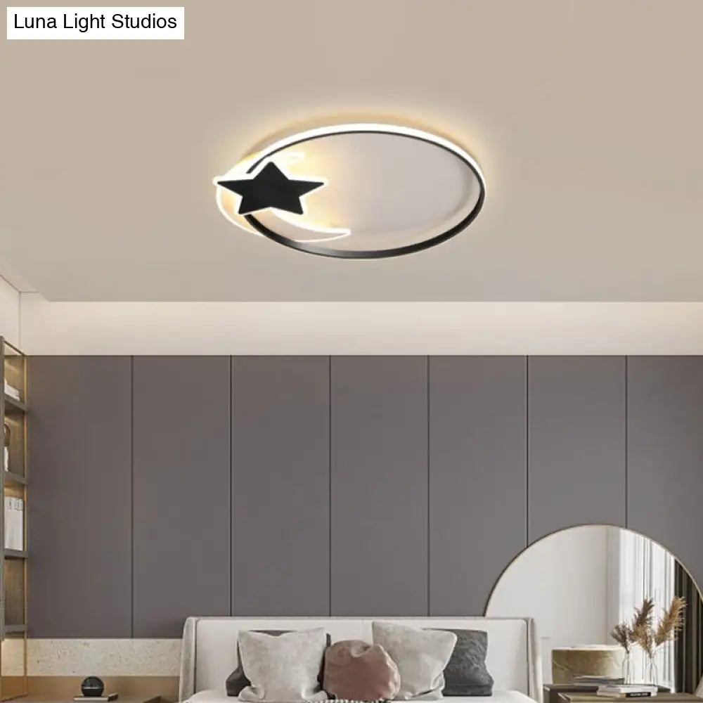 Black Ring Led Ceiling Flush Light With Moon And Star Decor - Simplicity Metal Mount Lamp