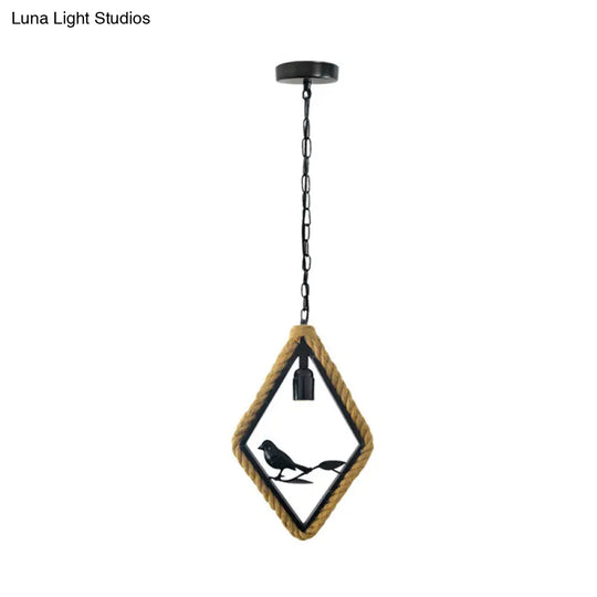 Black Rope Pendant Light With Bird Deco For Living Room - Round/Rhombus/Square Design