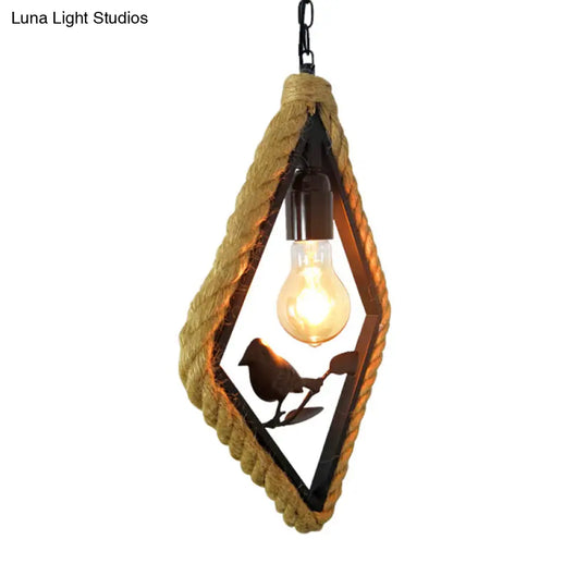 Black Rope Pendant Light Fixture For Living Room With Bird Deco: Round/Rhombus/Square Design