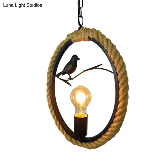 Black Rope Pendant Light With Bird Deco For Living Room - Round/Rhombus/Square Design / Round