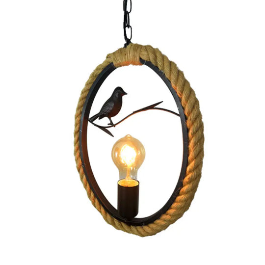 Black Rope Pendant Light Fixture For Living Room With Bird Deco: Round/Rhombus/Square Design / Round