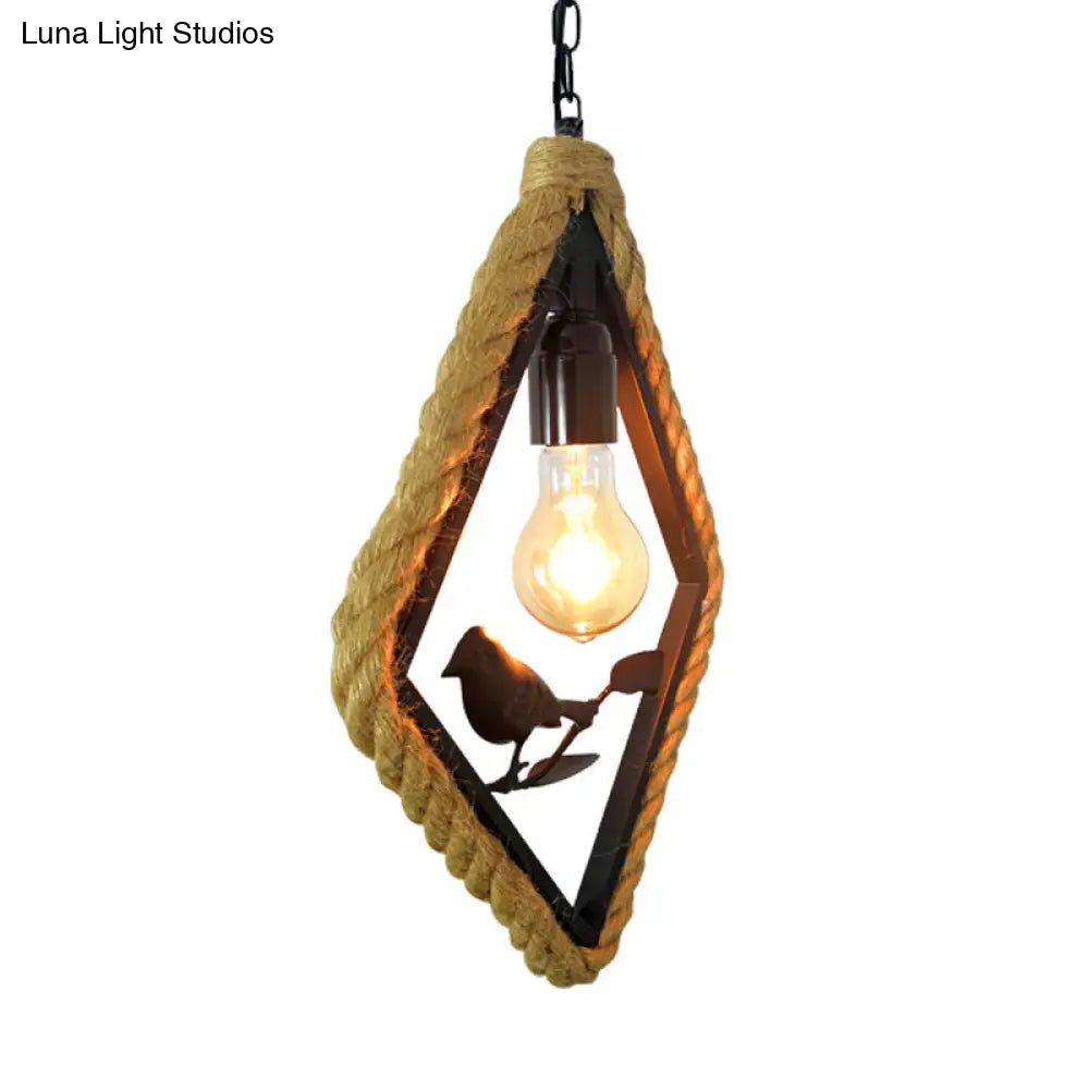 Black Rope Pendant Light With Bird Deco For Living Room - Round/Rhombus/Square Design