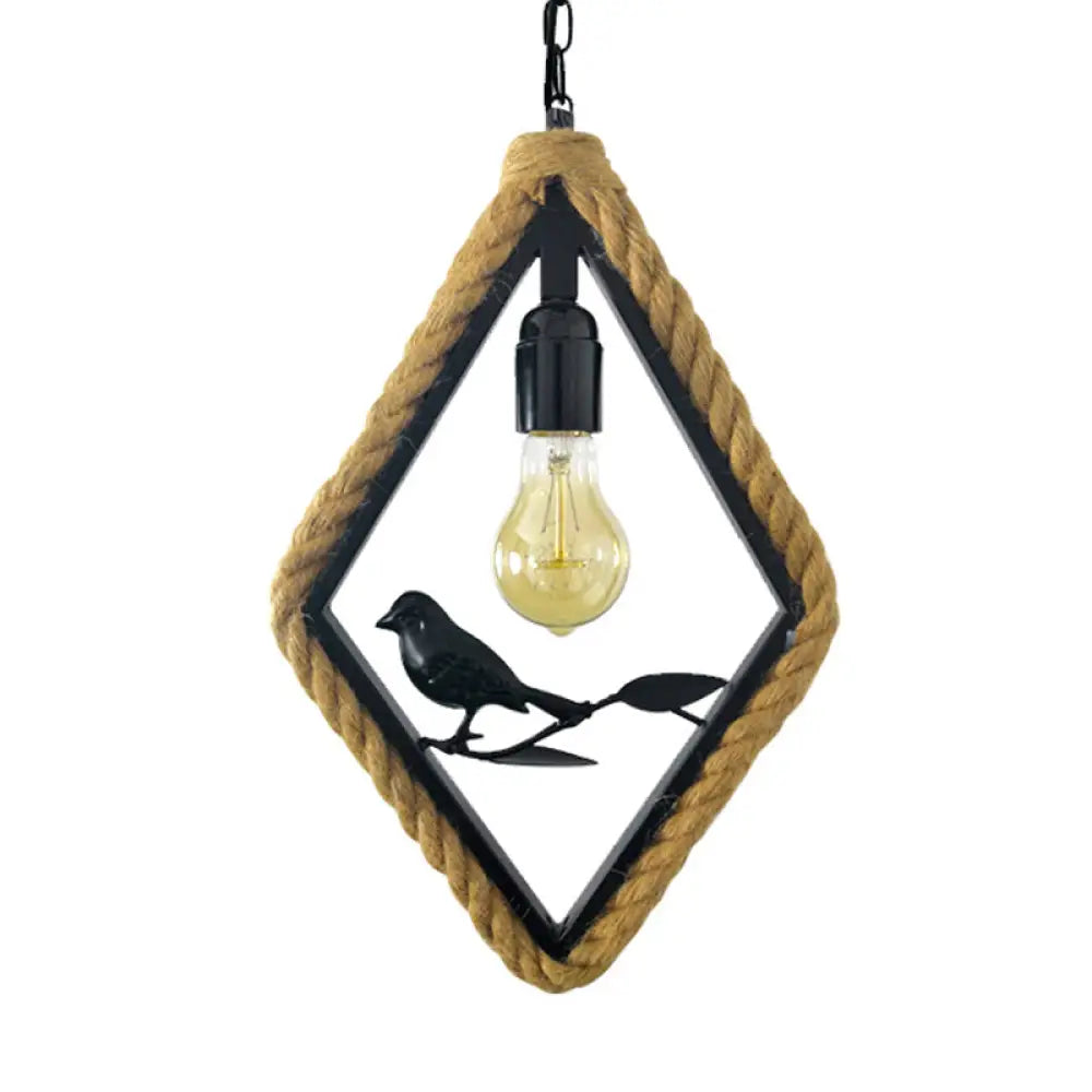 Black Rope Pendant Light Fixture For Living Room With Bird Deco: Round/Rhombus/Square Design /