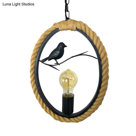 Black Rope Pendant Light Fixture For Living Room With Bird Deco: Round/Rhombus/Square Design