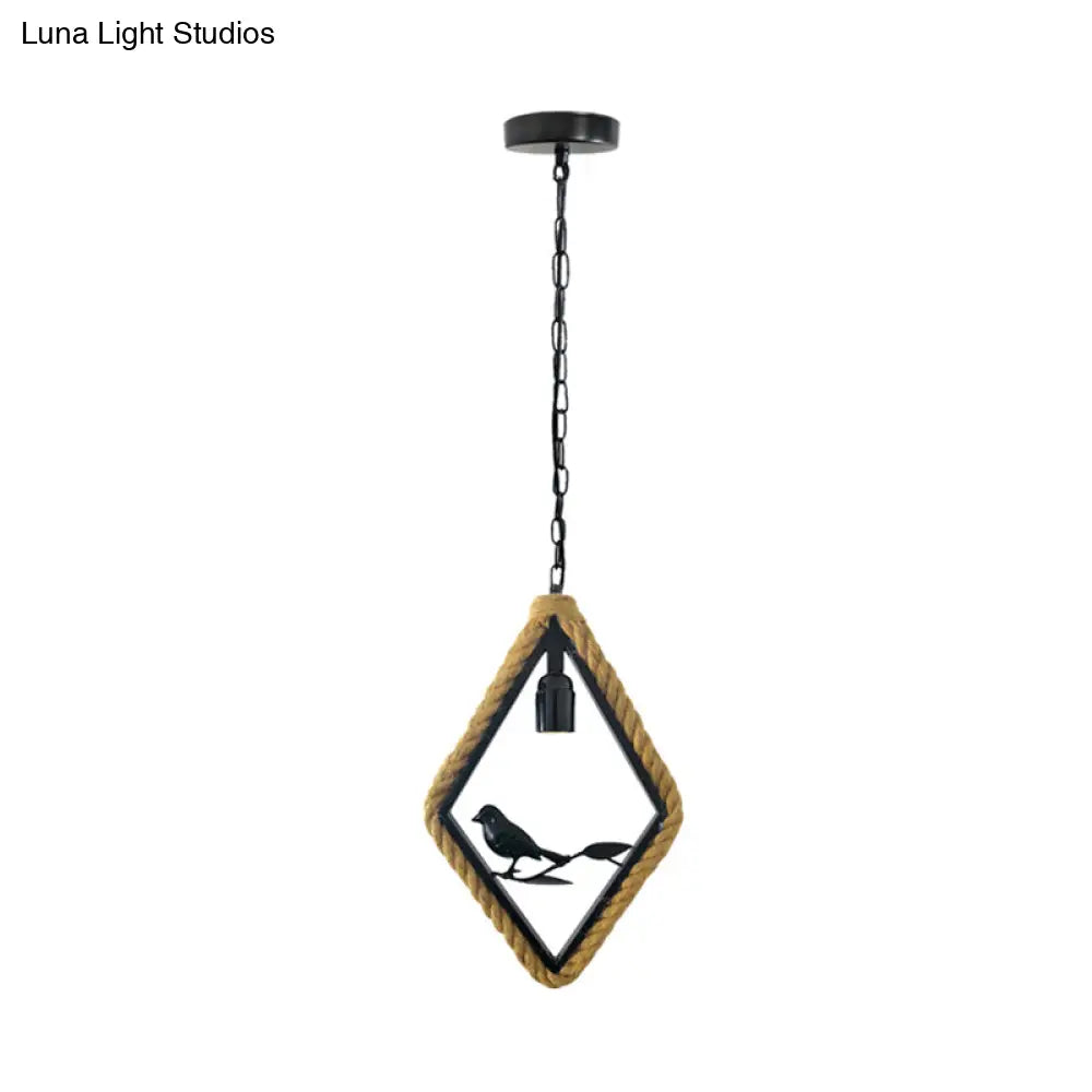 Black Rope Pendant Light Fixture For Living Room With Bird Deco: Round/Rhombus/Square Design