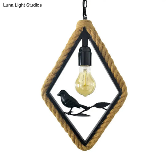 Black Rope Pendant Light With Bird Deco For Living Room - Round/Rhombus/Square Design / Rhombus