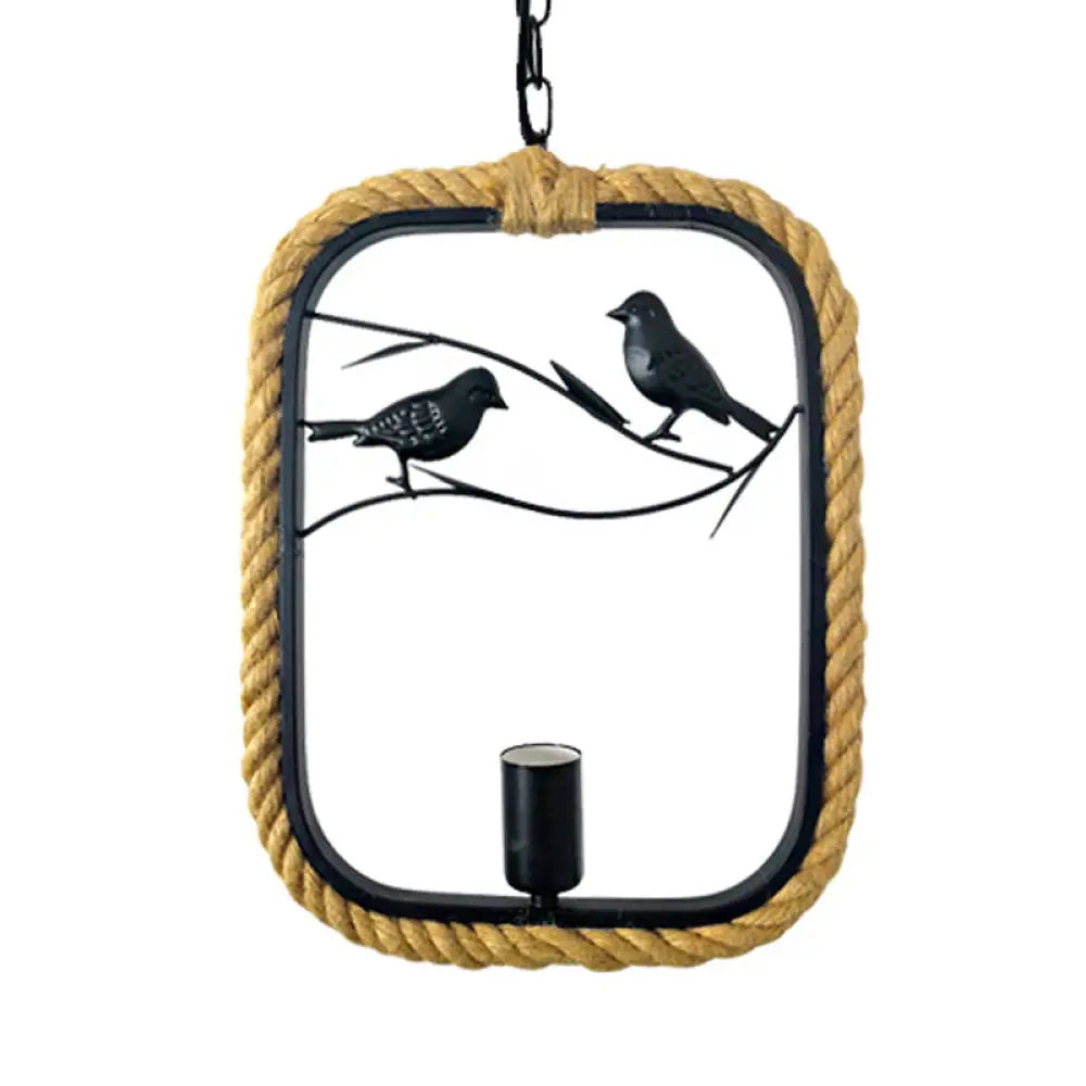 Black Rope Pendant Light Fixture For Living Room With Bird Deco: Round/Rhombus/Square Design /