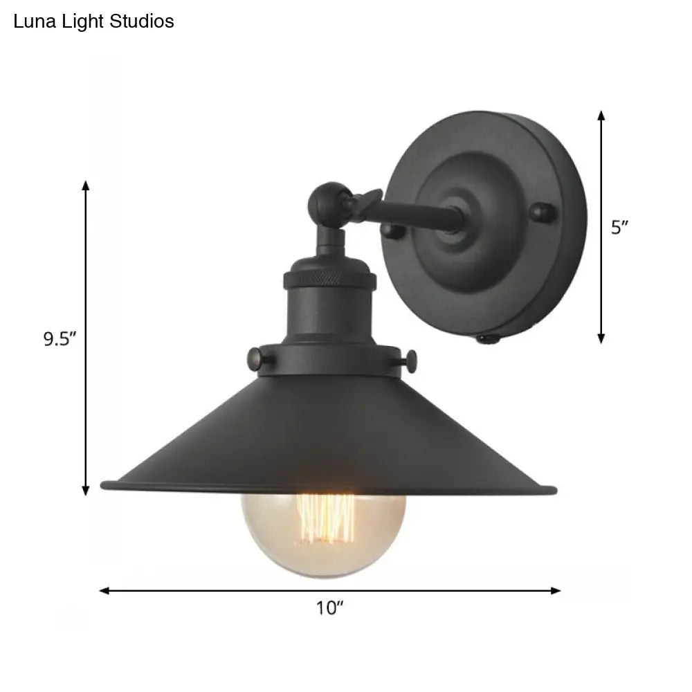 Black Rotatable Wall Light With Vintage Iron Cone Shade - Bedroom Lamp