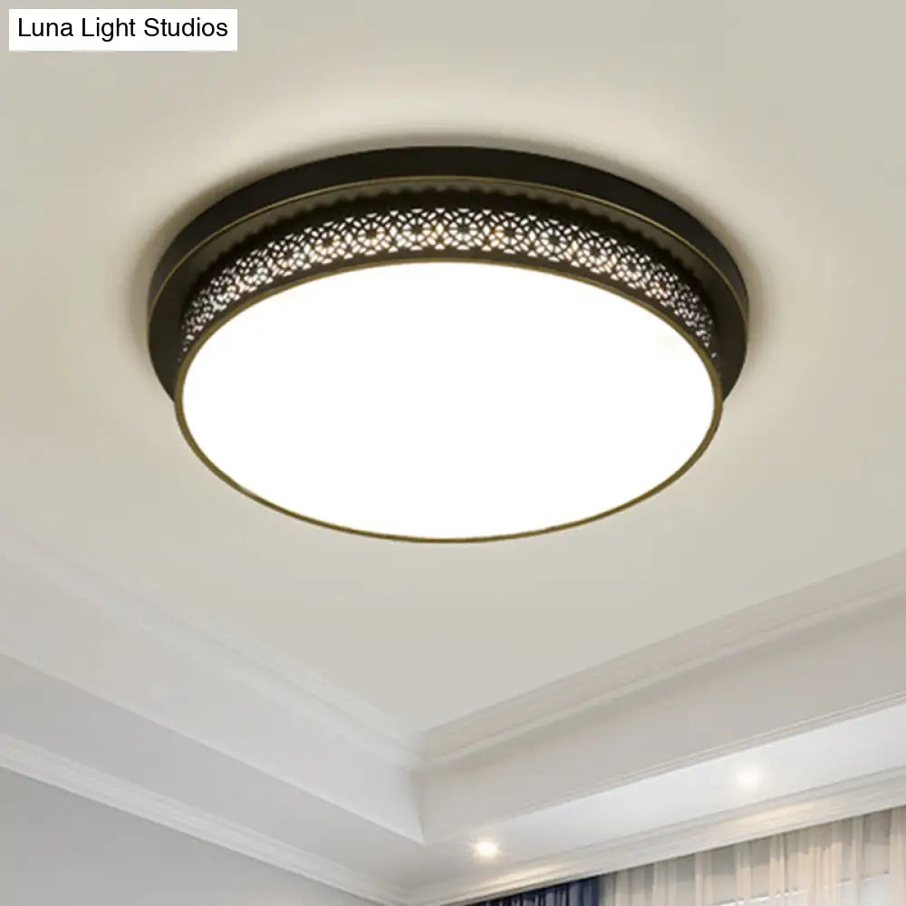 Black Round Led Flush Light - Rustic Acrylic Living Room Ceiling Fixture With Filigree Design / 18 A