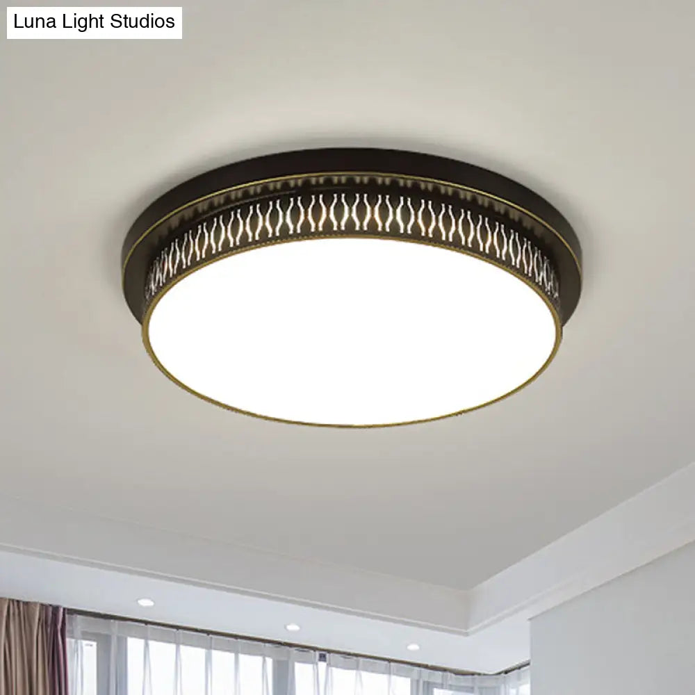 Black Round Led Flush Light - Rustic Acrylic Living Room Ceiling Fixture With Filigree Design