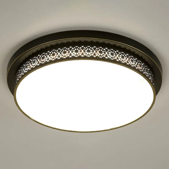 Black Round Led Flush Light - Rustic Acrylic Living Room Ceiling Fixture With Filigree Design /