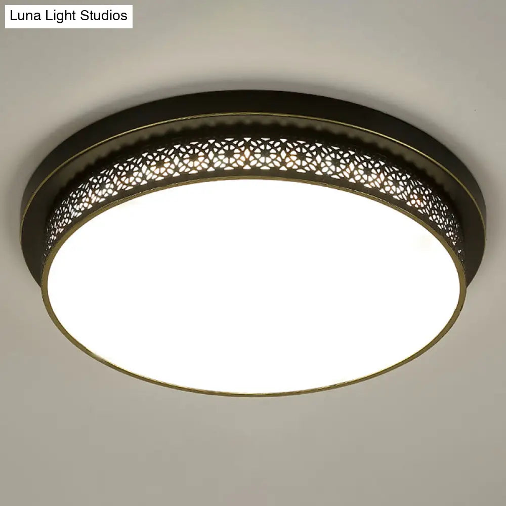Black Round Led Flush Light - Rustic Acrylic Living Room Ceiling Fixture With Filigree Design / 18 B