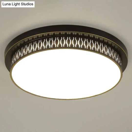 Black Round Led Flush Light - Rustic Acrylic Living Room Ceiling Fixture With Filigree Design / 18 C