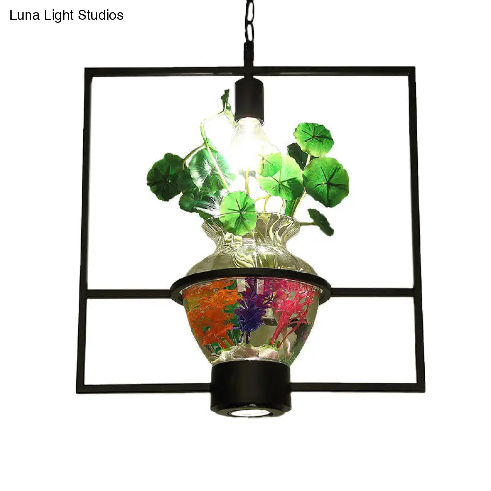 Black Frame Hanging Lamp: Modern Metallic Pendant Lighting Fixture For Dining Room With Urn Plant