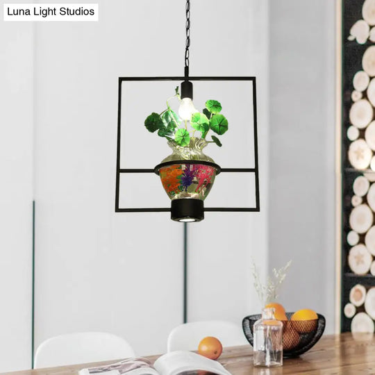 Black Round/Square Frame Hanging Lamp: Modern 1 Head Pendant Lighting Fixture For Dining Room With