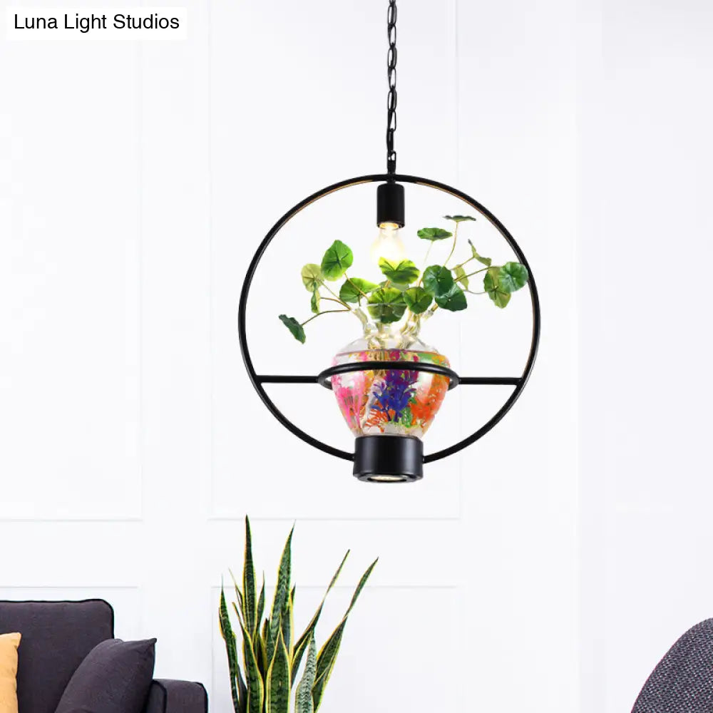 Black Frame Hanging Lamp: Modern Metallic Pendant Lighting Fixture For Dining Room With Urn Plant