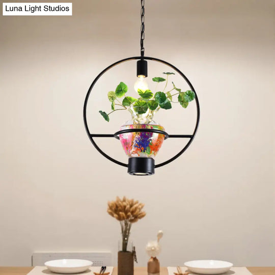 Black Round/Square Frame Hanging Lamp: Modern 1 Head Pendant Lighting Fixture For Dining Room With