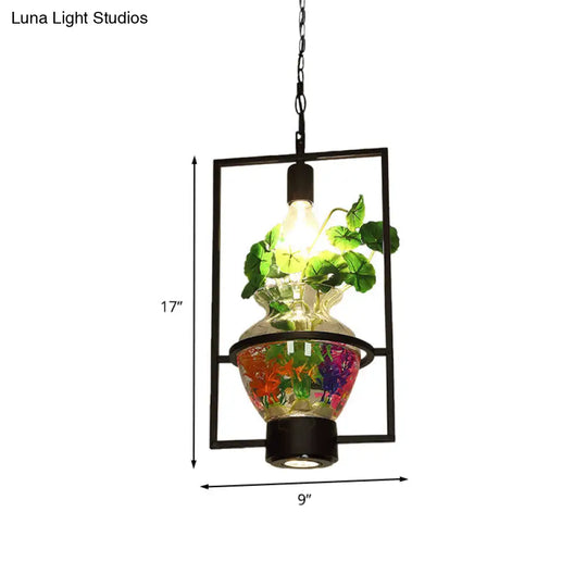 Black Frame Hanging Lamp: Modern Metallic Pendant Lighting Fixture For Dining Room With Urn Plant