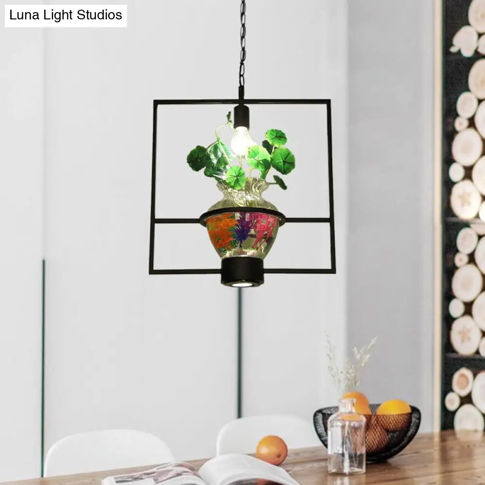 Black Frame Hanging Lamp: Modern Metallic Pendant Lighting Fixture For Dining Room With Urn Plant
