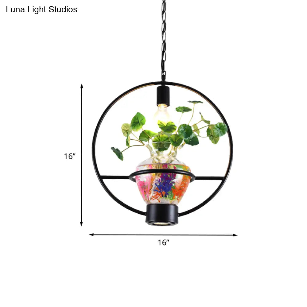 Black Round/Square Frame Hanging Lamp: Modern 1 Head Pendant Lighting Fixture For Dining Room With